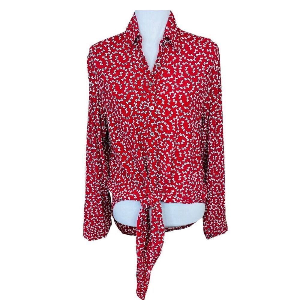 Faithfull The Brand Button Down Blouse Hosk Top in Pin Up Bow Print Red Size 6